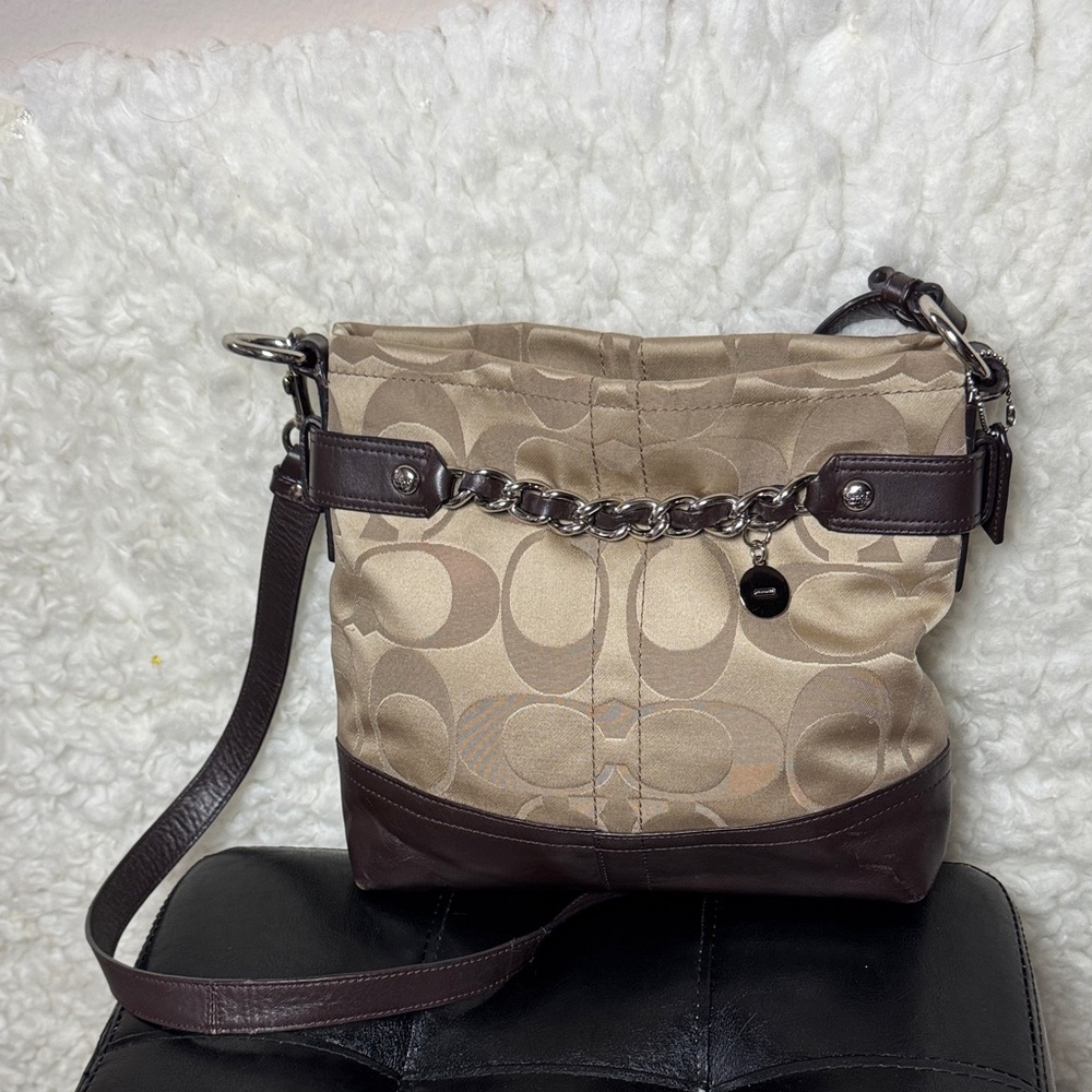 Coach Beige Signature Canvas and Brown Leather Chain-Accent Shoulder Bag
